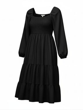 Beyond Words Black Boho Smocked Long Sleeve Fit & Flare Dress Size Large
